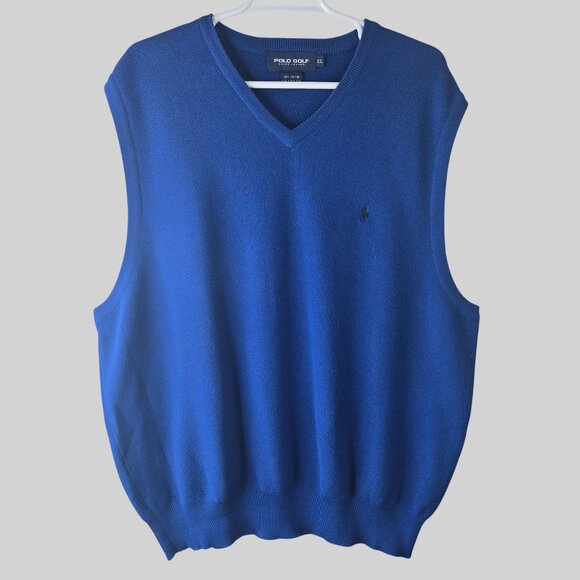 Polo Golf Ralph Lauren V-Neck Sweater Vest XL Blue Cotton Knit Logo Pony Preppy - Picture 1 of 10